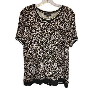 DKNY Women Large Leopard Print Short Sleeve Top Contrasting Trim Black & Beige